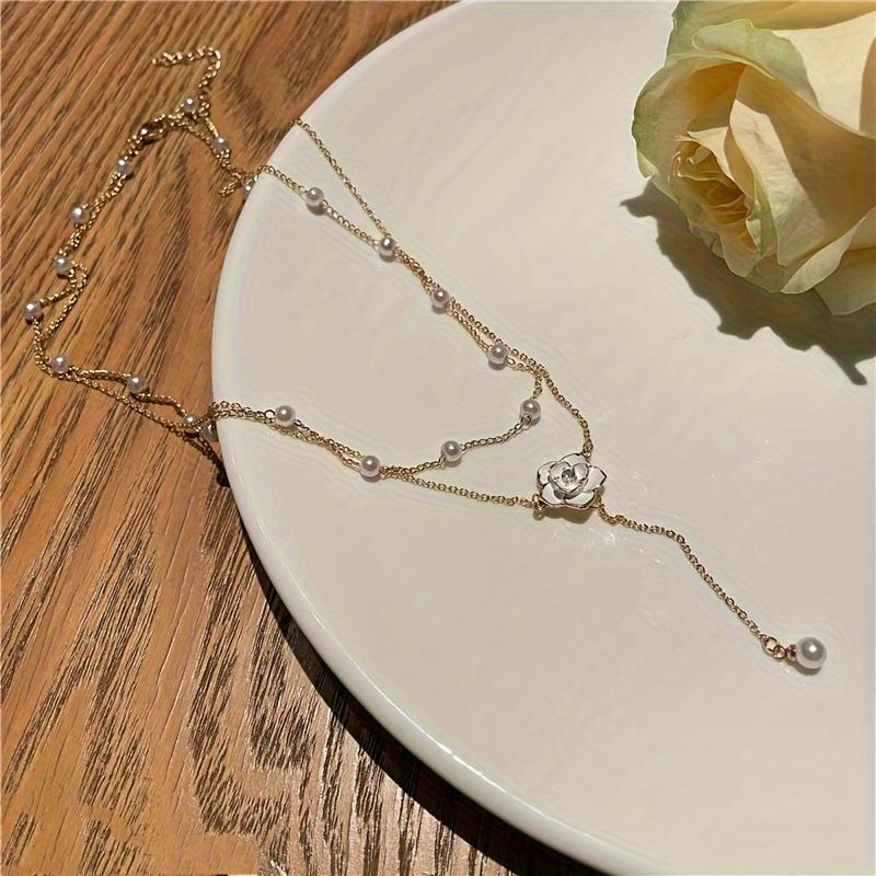French Retro Elegant Design Camellia Fake Pearl Pendant - Classic Double Layer Necklace for Women'S Clavicle Chain Autumn/ Winter Fashion 8