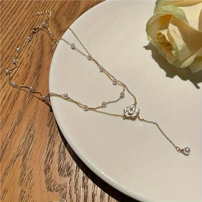French Retro Elegant Design Camellia Fake Pearl Pendant - Classic Double Layer Necklace for Women'S Clavicle Chain Autumn/ Winter Fashion 8