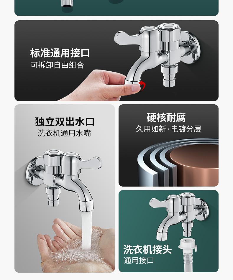 Product Introduction of Washing Machine All-Copper Faucet One Inlet Two Outlets Dual Head Dual Open Dual Control One Point 20k Connectors Dual Outlet Household 2