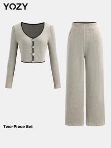 YOZY Women's Contrast Binding Button Front Top & Solid Wide Leg Pants Two-piece Set, Casual V Neck Long Sleeve Top & Elastic Waist Trousers Two Piece Set for Fall & Winter, Women's Clothes for Daily Wear, Tummy Flattering