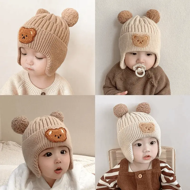 Mũ Trẻ Em Bé Thiết Kế Hình Gấu Dễ Thương, Mũ Bịt Tai Chống Lạnh, Dành Cho Trẻ Em, Mùa Đông, Mũ Len Giữ Nhiệt Dày Dặn, Phong Cách Hàn Quốc, Thích Hợp Cho Bé Và Trẻ Sơ Sinh Hat