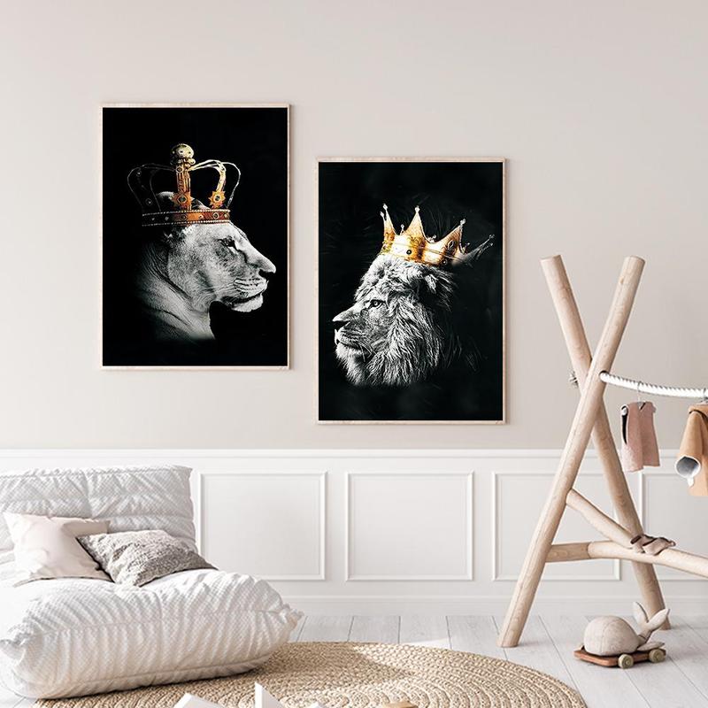 Lion Pattern Wall Art Painting without Frame, 2pcs/set Waterproof Canvas Decorative Painting for Home Living Room Bedroom 3