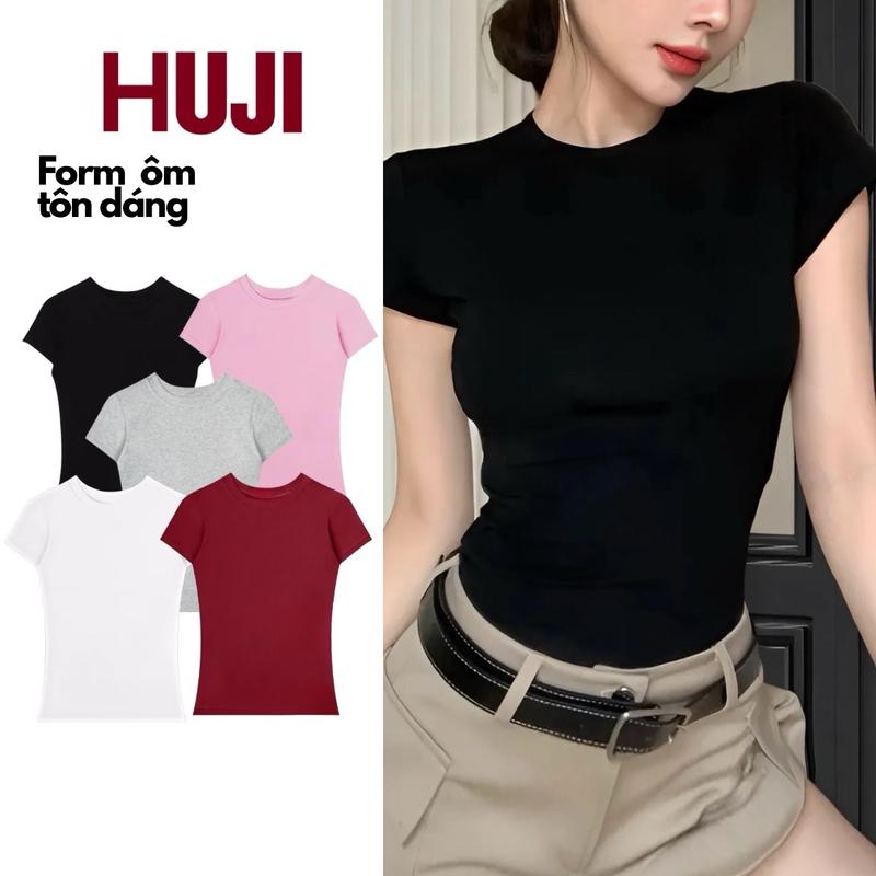 Combo 3 áo cổ tròn BASIC vải gân tăm chiết eo HUJI - Áo ôm body nhiều màu xinh