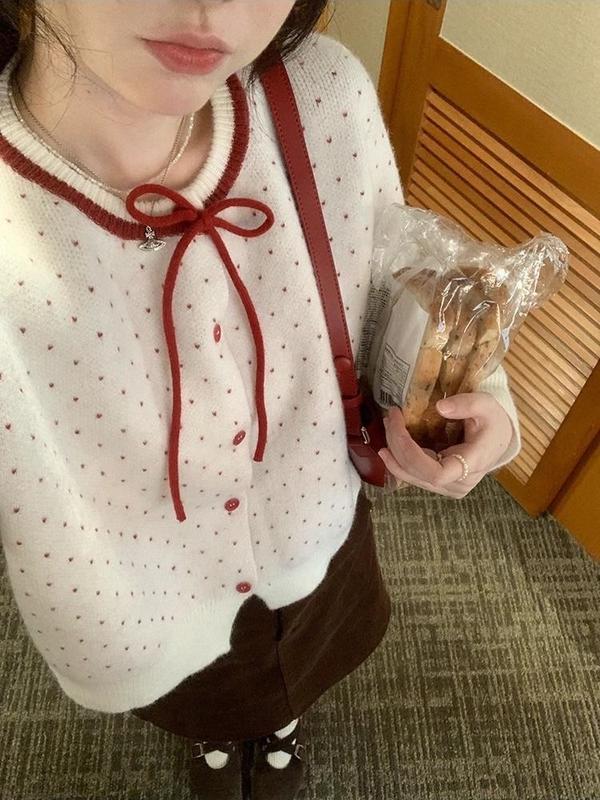 Áo Khoác Len Cadigan Dệt kim Chấm bi nhỏ Nữ Phối Dây nơ Đỏ  Cổ tròn Phong Cách ngọt Ngào Áo ấm Thu đông 2024