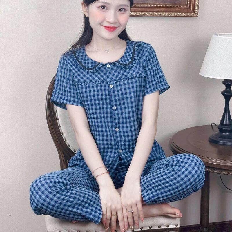 (38kg-68kg) Đồ bộ kẻ sọc quần dài cho Nữ, cổ sen phối ren vải kẻ lông mềm hàng thiết kế phối bèo bigsize Women Top Áo Quần Ngủ 7
