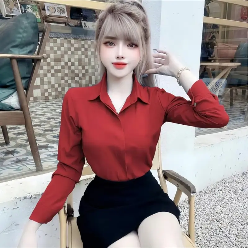 áo sơ mi nữ tay dài kiểu công sở nẹp giấu nút chất vải lụa cát hàn 7