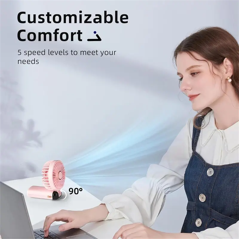 Portable Handheld Fan, USB Rechargeable Fan with LED Display, 90 °   Foldable Desk Fan with Base, 5 Speed Makeup Fan for Women 3
