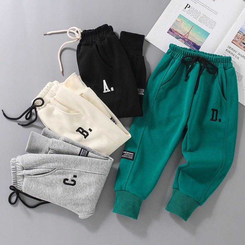 Quần nỉ bông cho bé trai thêu chữ cực xinh, Quần dài thu đông cho bé chất nỉ bông cao cấp size từ 7-28kg - MOOBABY Shop