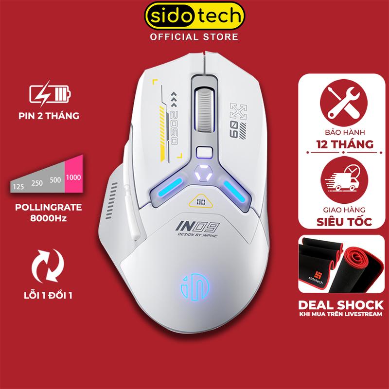 Chuột không dây bluetooth gaming SIDOTECH INPHIC IN9 PRO chip PAW 3395 polling rate 8k pin sạc 3 mode kết nối độ nhạy 10000 dpi 6 nút bấm có app điều chỉnh hỗ trợ macro auto click chơi game FPS đột kích csgo cf half life liên minh huyền thoại