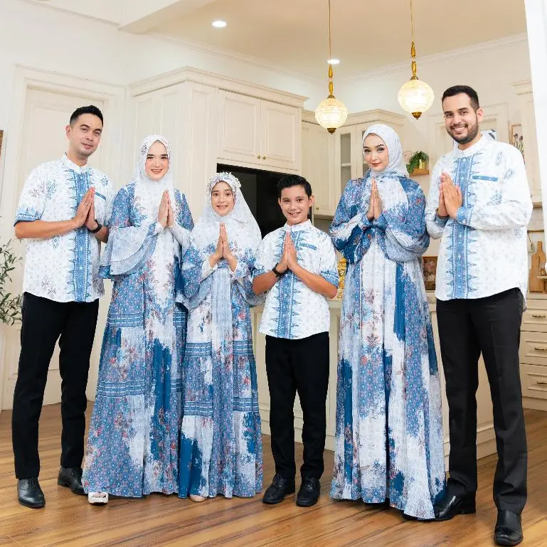 READY Set Keluarga Sarimbit ZAYYANA by Eldeena Syari - Baju Couple Family Gamis Koko Lebaran Biru - Muslim, Dress Muslim Putih Pasangan Mom