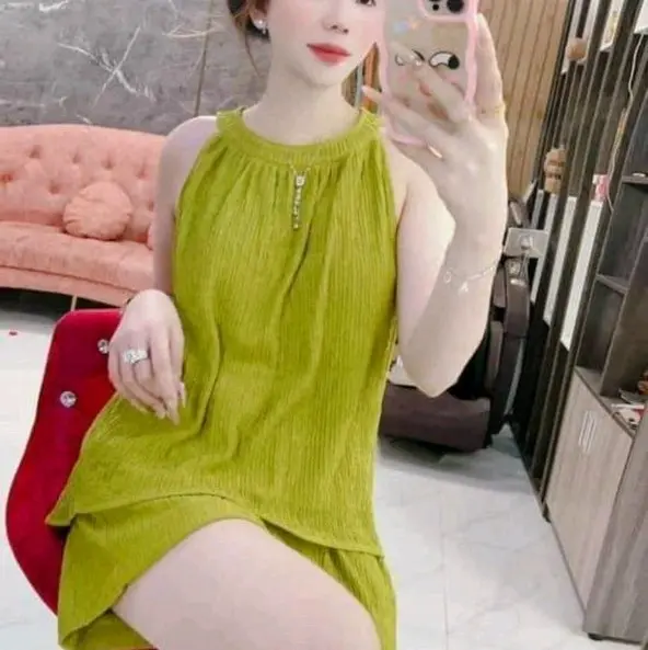 (Sale) T46 (40-70kg) Đồ bộ nữ chất thun xốp nhật cổ yếm Women Top Áo Đỏ 2