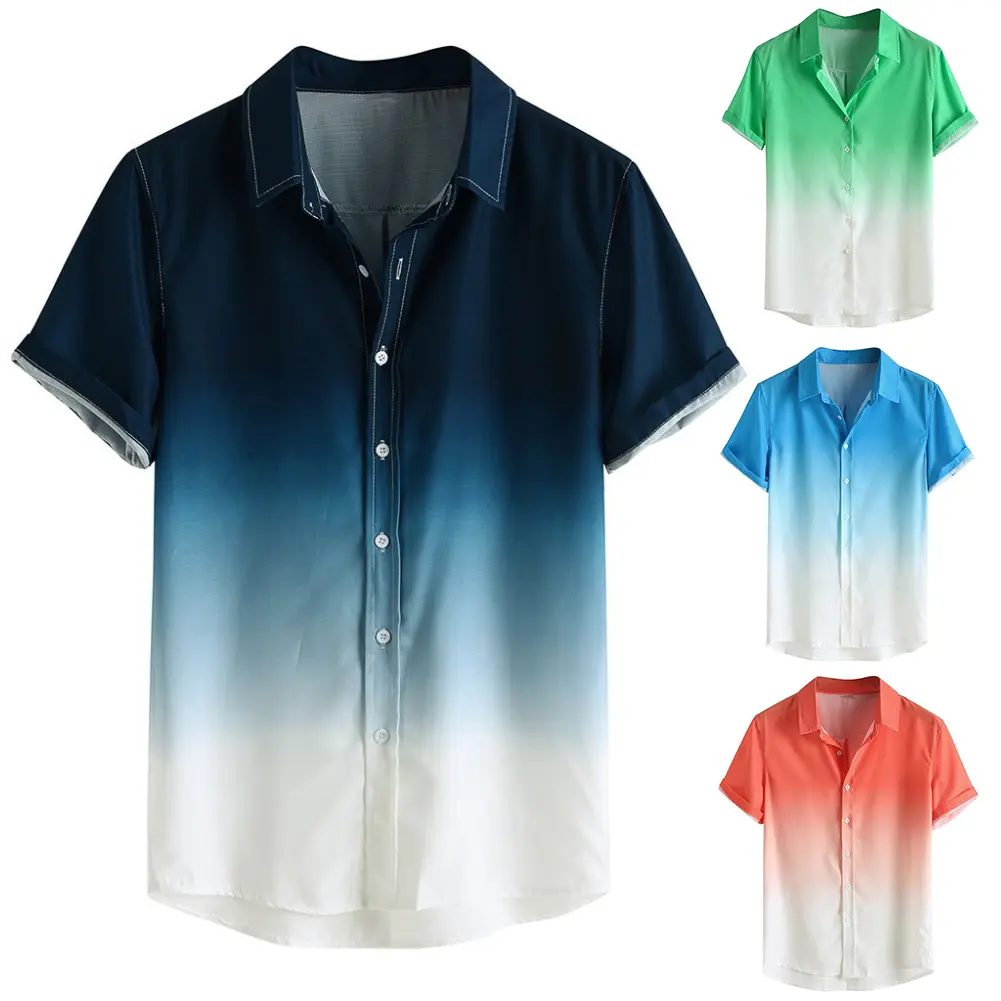 Faousoe - baju lengan pendek lelaki, bergaya, kolar berlipat, kecerunan warna, cetakan, butang