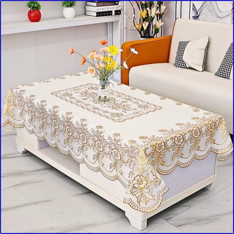   Khăn chữ nhật  Khăn trải bàn chữ nhật PVC mềm mịn hoa ren nổi màu vàng nhũ siêu đẹp chống thấm dễ lau chùi dùng trang trí bàn phòng khách phòng ăn 