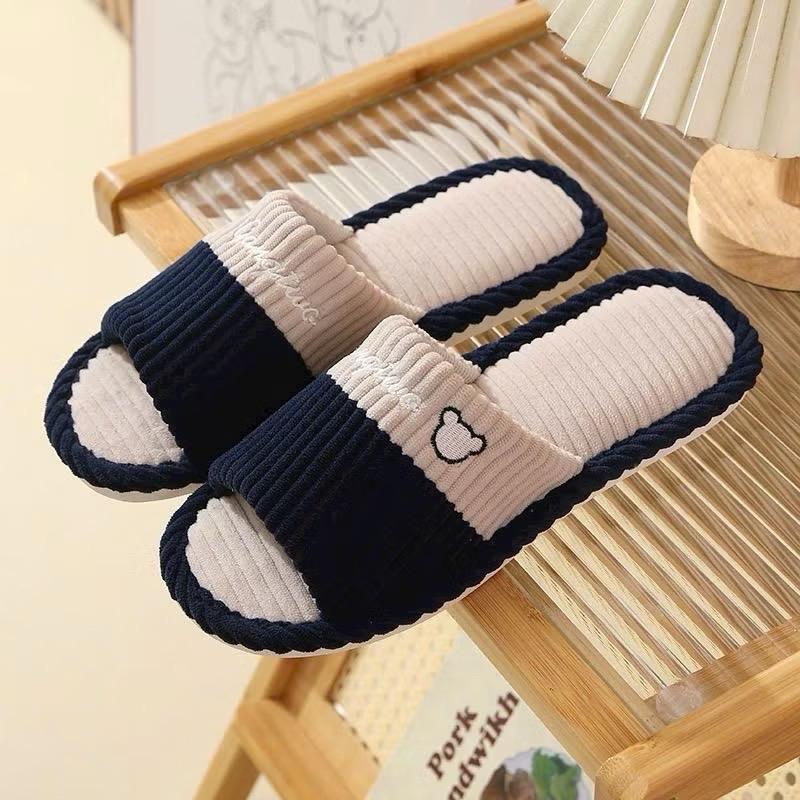 ￼Dép Đi Trong Nhà Mùa Đông , Dép Vải Lanh Kẻ Ngang Đế Cao Su Chống Trơn Trượt Thời Trang DéP Dép Lê Slipper Jean Hoa Nữ Có Quai 1