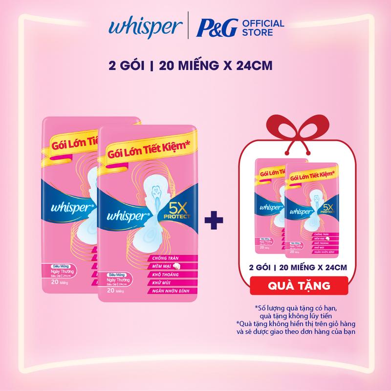 Mua 2 tặng 2 Băng Vệ Sinh WHISPER 5X Bảo Vệ Mặt Bông Siêu Mỏng 24CM 13-20 Miếng - 28CM 16 Miếng