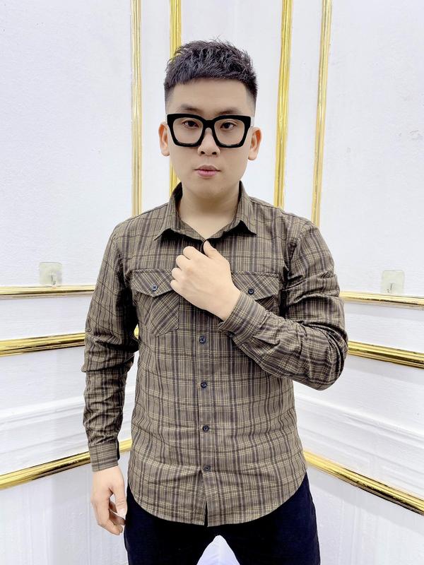 Áo Sơ mi S08 super mã hoạ tiết kẻ vàng nâu vai bigsize có size từ 40kg đến 110kg dyminic