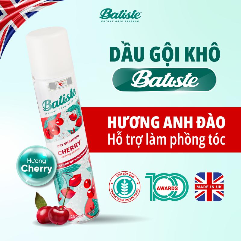 Dầu Gội Khô Batiste Hương Hoa Anh Đào Không Gây Bết Dính Hỗ Trợ Làm Phồng Tóc - Batiste Dry Shampoo Cherry 200ml