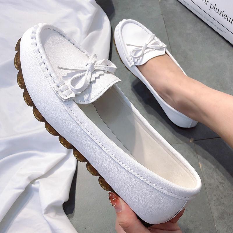 Gommino Female 2024 Spring New Flat Shoes Beef Tendon Soft Bottom Slip-on Lofter Mother White Nurses' Shoes 0