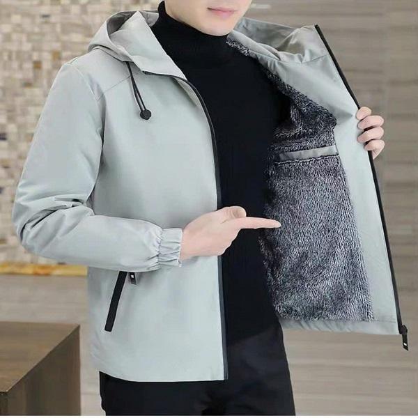 Áo Khoác Mùa Đông Cho Nam Lót Lông Túi Có Khoá Kéo Jacket Menswear Kem Có Cổ Đen