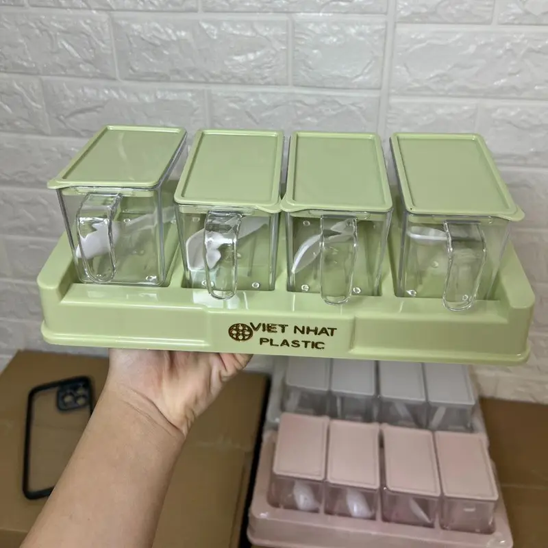 Bộ 4 hộp đựng gia vị, hũ khay lọ đồ đựng gia vị kèm muỗng thìa cao cấp có nắp kín chống ẩm dung tích 250ml - Home Decor 0