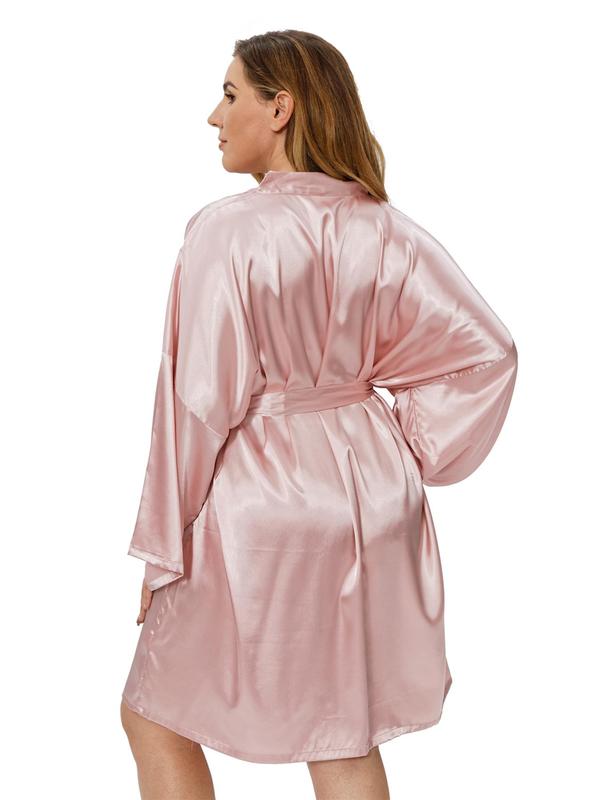 Plus Size Solid Belted Wrap Drop Shoulder Satin Robe, Casual Long Sleeve V Neck Dressing Gown for Daily Home Wear, Women's Sleepwear for All Seasons 5