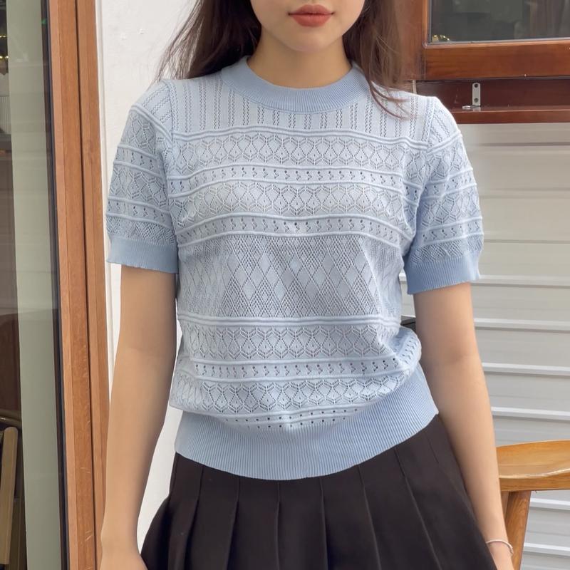 Áo Nữ Thiết Kế Mùa Hè, Họa Tiết Kẻ Sọc Kim Cương, Cổ Tròn Hàng Loại 1 Nữ Women Kem Top Nhung Thoáng khí 8