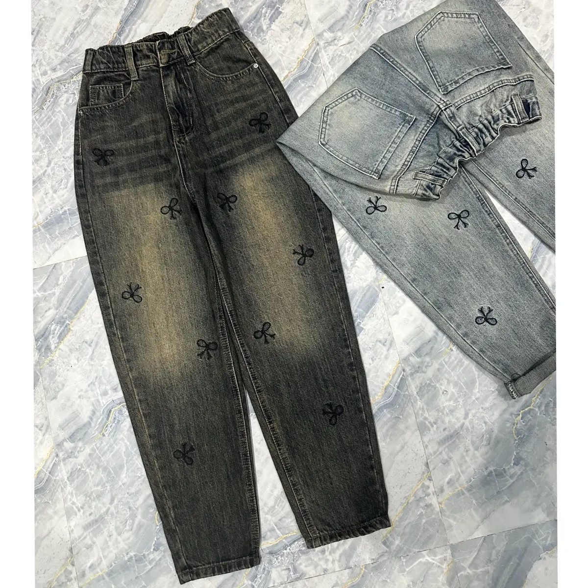 [003] Quần Jeans Baggy QC Lưng Chun Thêu Nơ Trơn Không Co Giãn
