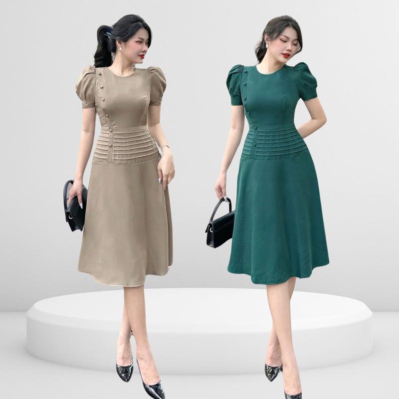 Đầm Nữ thiết kế Nhật Vy cổ tròn xếp ly eo đính nút bọc tay ngắn dáng xoè chất lụa phù hợp dự tiệc đi chơi màu đỏ nâu Xanh - D2820  Women Dress chiếc  váy Kem