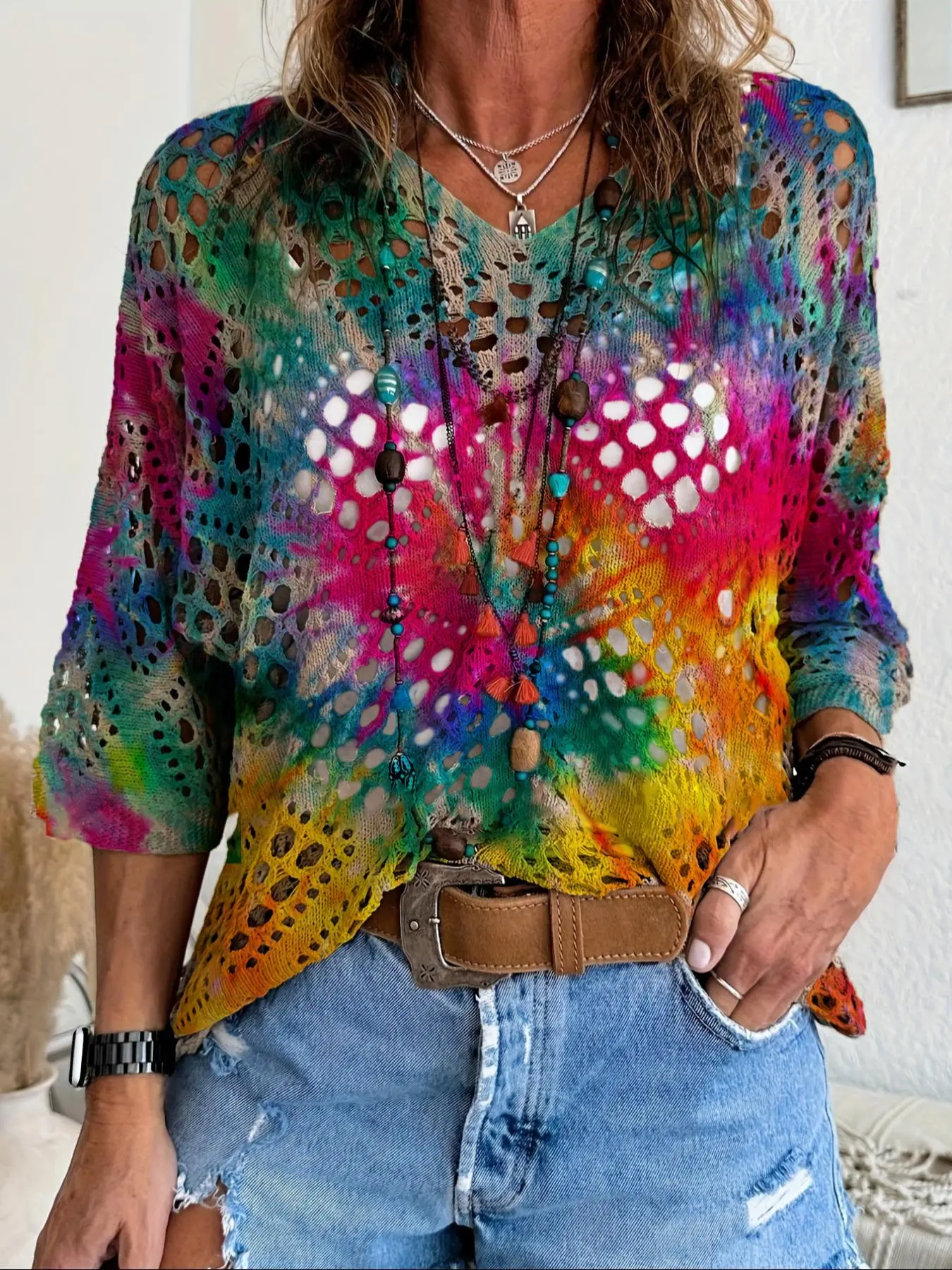 Women's Tie Dye Print Hollow Out Sweater, Boho Casual V Neck Jumper for Daily Holiday Vacation Wear, Ladies Knitwear for All Seasons