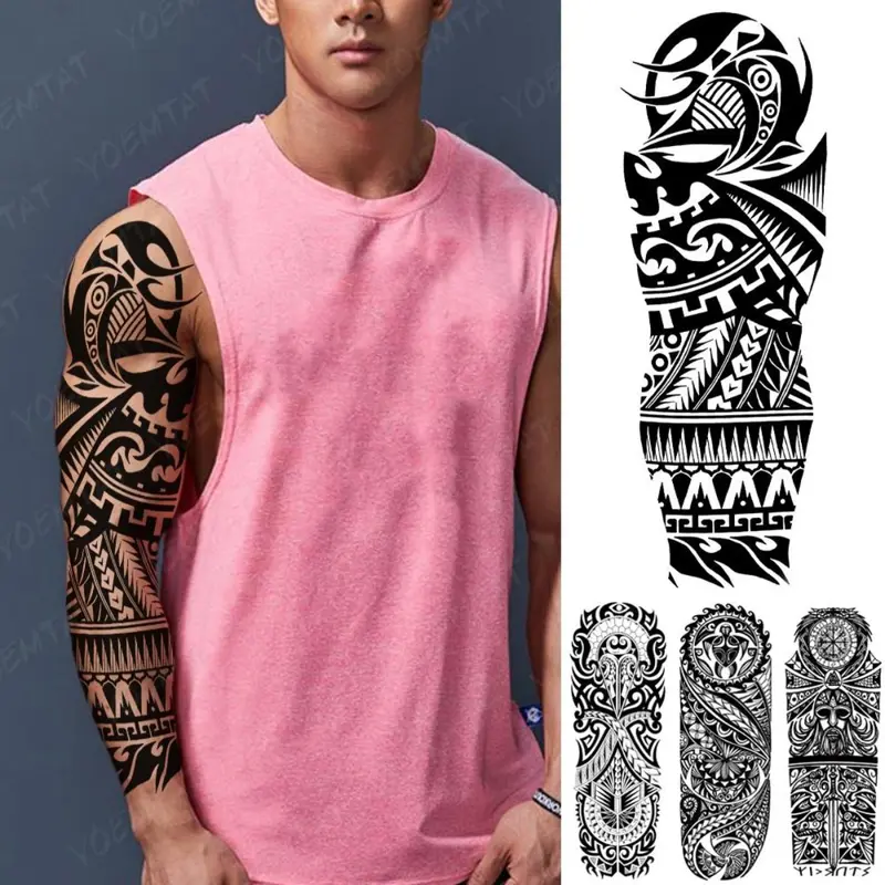 Miếng Dán Hình Xăm Tạm Thời Không Thấm Nước, Cánh Tay Áo Lớn, Thiết Kế Totem Maori Và Maya Bộ Lạc, Hình Xăm Lung Linh Thích Hợp Cho Phụ Nữ Và Nam Giới, Nghệ Thuật Cơ Thể Màu Đen, Hình Xăm Giả 0
