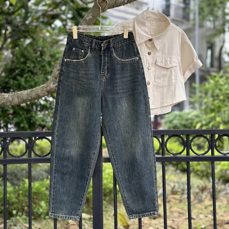 108 BIGGSIZE Quần baggy jean cạp cao không co dãn , quần jean dáng thụng cạp chun sau túi sau tạo kiểu Nữ Pants Kem Women