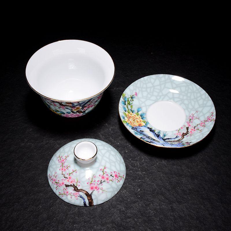 Enamel colored ceramic tea cup with floral patterns and gold inlay, 150ml three piece lid bowl, household tea cup, Kung Fu tea set 1