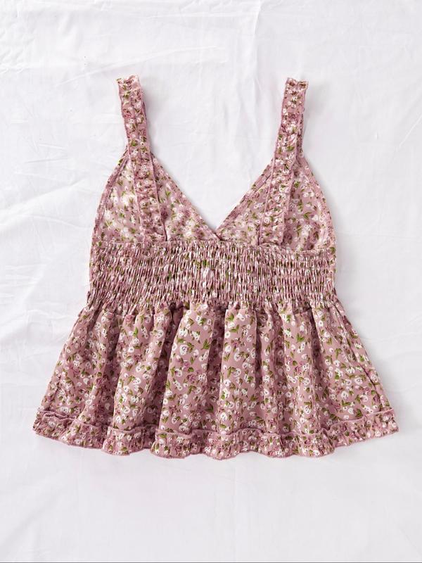 Women's Ditsy Floral Print Frill Trim Shirred Peplum Cami Top, Boho Fashion Deep V Neck Top for Daily Holiday Vacation Wear, Bohemian Tops for Women, Ladies Clothes for Summer, Womenswear 5
