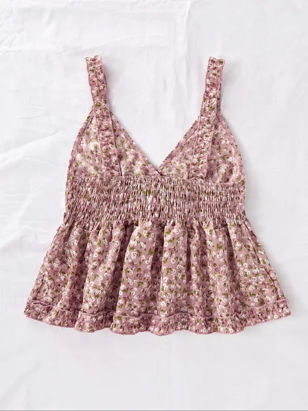 Women's Ditsy Floral Print Frill Trim Shirred Peplum Cami Top, Boho Fashion Deep V Neck Top for Daily Holiday Vacation Wear, Bohemian Tops for Women, Ladies Clothes for Summer, Womenswear, Summer Tops 5