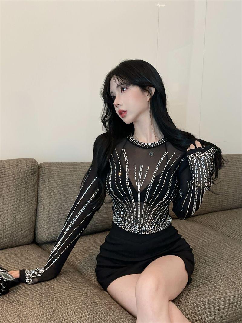 Product Introduction of Affordable Luxury Style Heavy Embroidery Hot Drilling Slim-Fit Short Long Sleeve Bottoming Shirt American Sexy See-through Sweet Cool Girl Mesh T-shirt Women 10