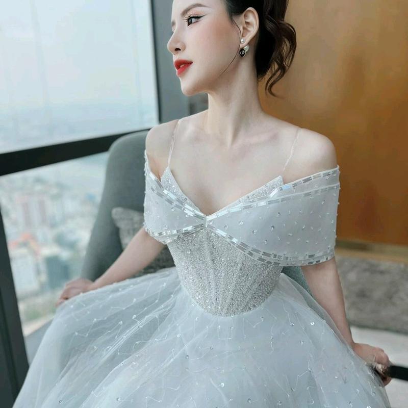 ĐẦM CÔ DÂU XOÈ TRỄ VAI KẾT 33SK Nữ Kem Women Dress Kim Tuyến Đỏ 7