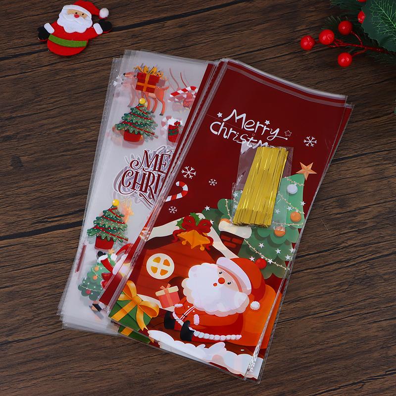 Product Introduction of [xtv]50Pcs Christmas Candy Gift Packaging Bag With Ribbon Ties Cookies Baking Xmas Plastic Bags Kids Party Favors Wrapping Bags 16