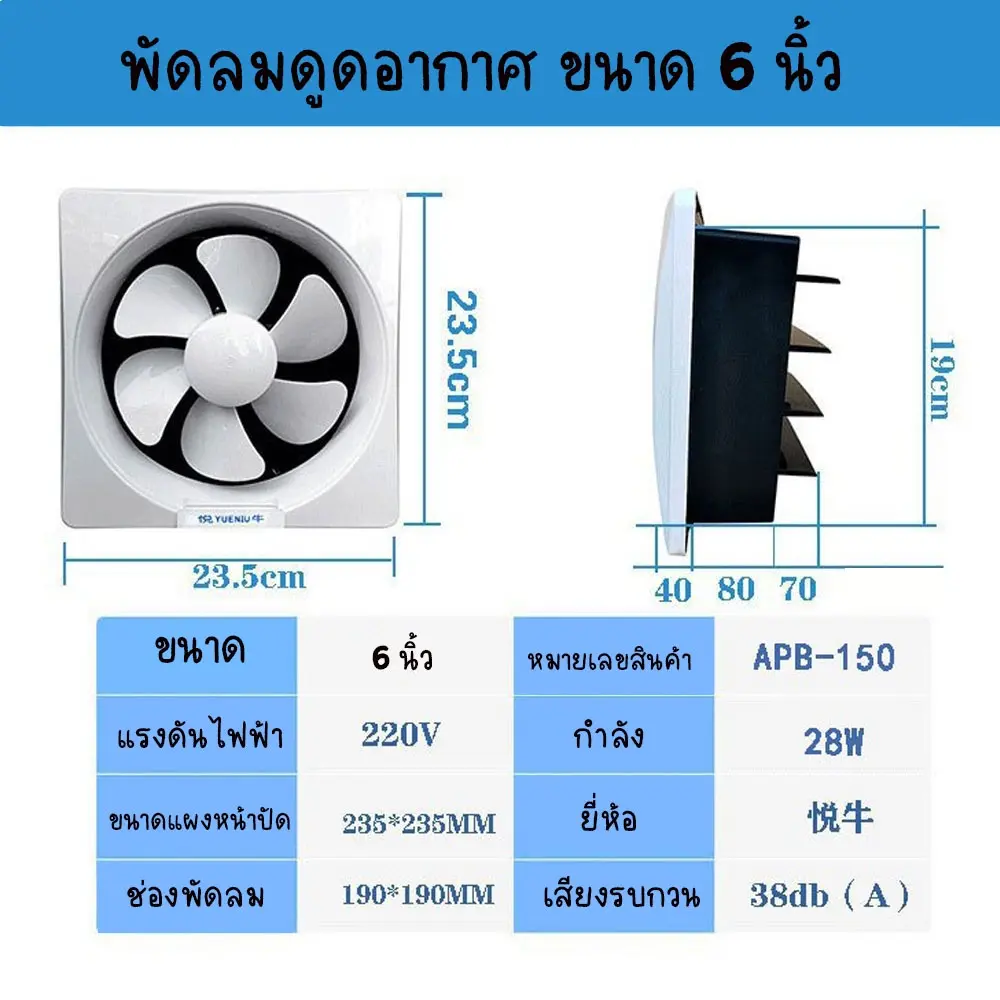 พัดลมดูดอากาศ 220v พัดลมดูดอากาศ พัดลมระบายอากาศ คเบิล พร้อมสวิตซ์ เงียบและมีปริมาณลมขนาดใหญ่ 6/8/10/12 นิ้ว