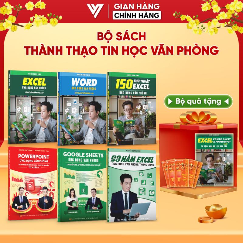 Combo 6 sách Word - Excel - Powerpoint - Google Sheet - 150 TT - 90 Hàm Excel Ứng Dụng Văn Phòng Thông Dụng - Tặng Sách Power Query + Bao Lì Xì