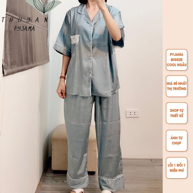  Bộ Pijama Bigsize cộc dài lụa xước vân gỗ màu xanh ghi ngọc mặc nhà giá rẻ dành cho nữ 40kg - 65kg mẹ bầu từ 60kg - 90kg. 