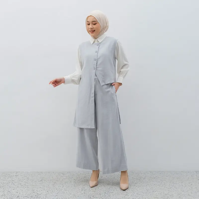 YEPPUOUTFIT - Afifa Set Raya Series | Basic Setelan Wanita Outer Asimetris Dan Kulot Panjang Linen Outfit Lebaran Cantik Kancing Karet Muslim Pendek Pink Soft Celana Casual 0