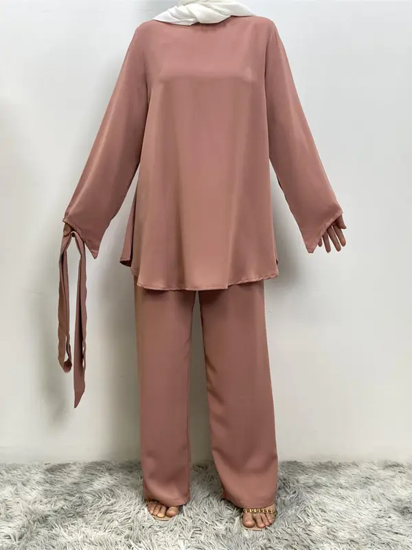 Two-Piece Set Women's Solid Zip Up Belted Top & Wide Leg Pants Two-piece Set, Modest Long Sleeve Round Neck Top & Trousers for Daily Wear, Ladies Fall Clothes 2