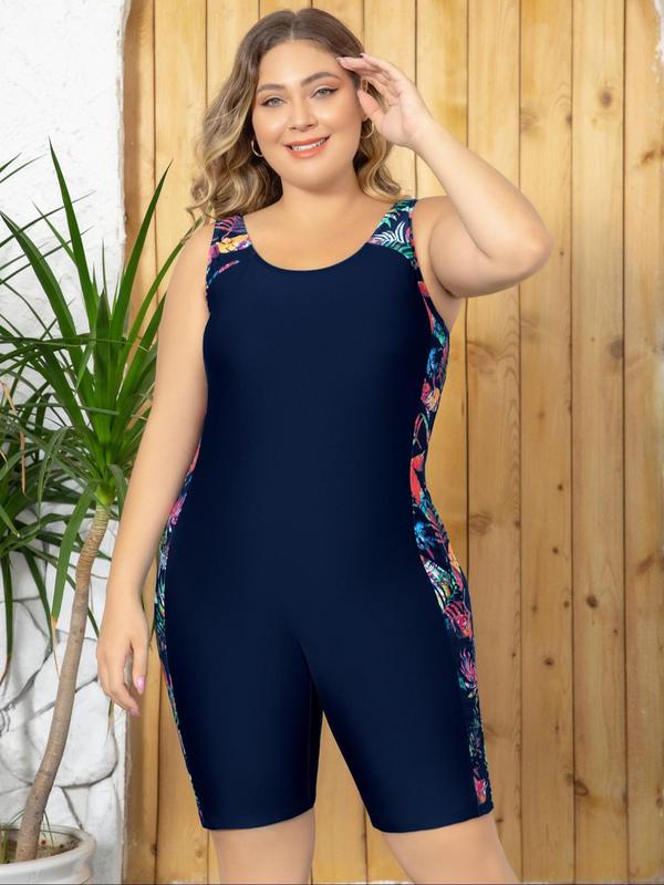 Plus Size Women's Leaf Patchwork Print One Piece Swimsuit, Boho Scoop Neck Cami Swimwear, Bathing Suits 2024, Summer Outfits 2024, Summer Tummy Control Curve Swimwear 8