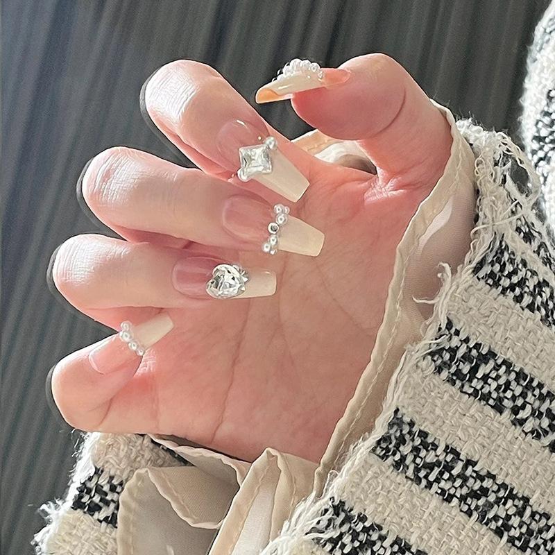 Red Book Popular Wearing Nail Medium and Long Milk White French 9K Glass Diamond Nail Art Finished Nail Sticker Nail Art Hot Selling Multi-choice Nail Art nail  sticker 4