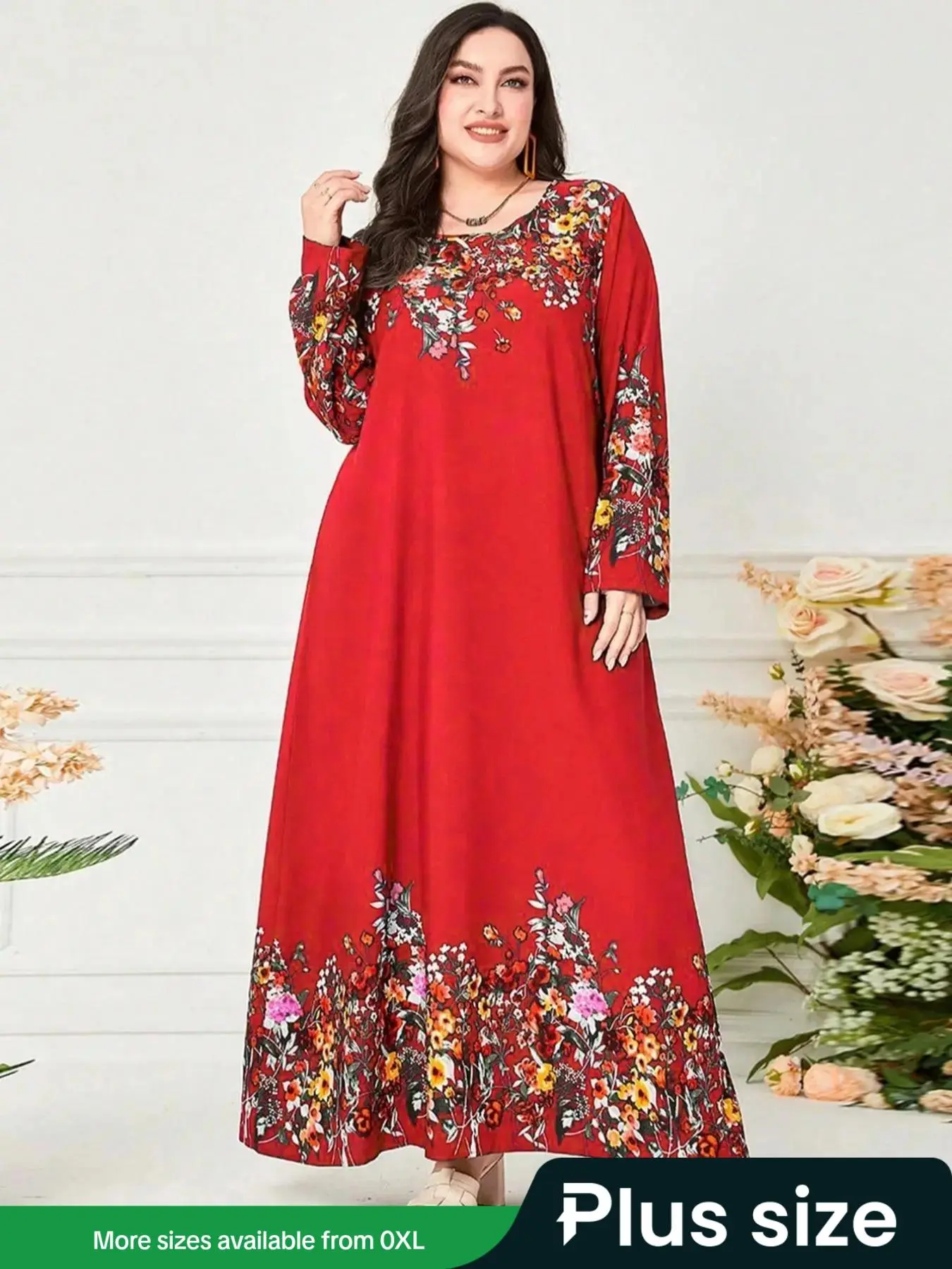 【Plus Size】 Floral Print Long Sleeve Dress, Modest Fashion Casual Round Neck Dress for Daily Outdoor Wear, Women Clothing for Summer, Classy Modest Dresses