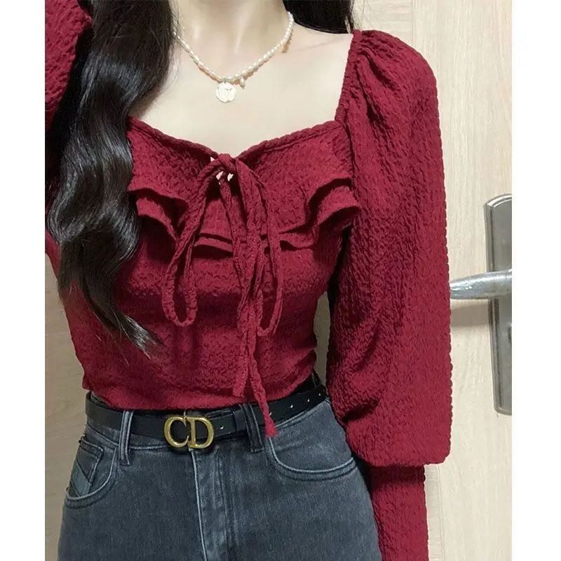 French Square Neck Red Shirt Women Slimmer Look Short crop Top ins