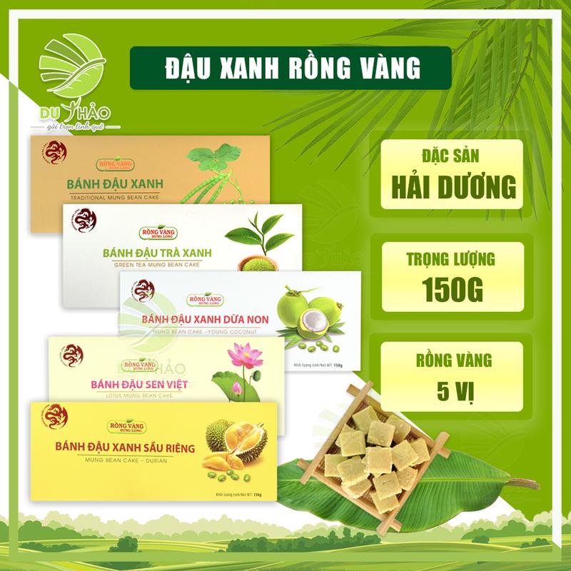 Bánh đậu xanh rồng vàng Hưng Long hộp 150g gồm nhiệu vị: hat sen , sầu riêng, trà xanh, dừa non, nguyên chất