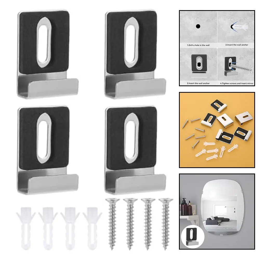 Kẹp Gương Gắn Tường, 4 Bộ, Kẹp Giá Đỡ Gương Có Ốc Vít, Móc Treo Gương