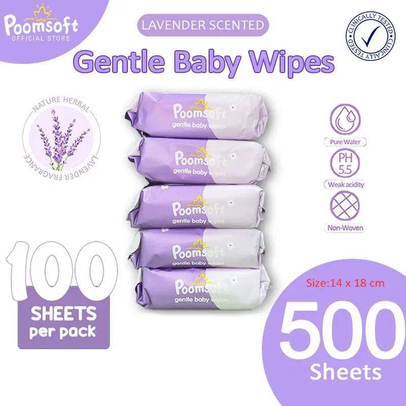 【baba natural】 Poomsoft 5 Packs x 100 Sheet Lavender Scented No-Alcohol Gentle Wipes For Baby Wet Wipes Disposable