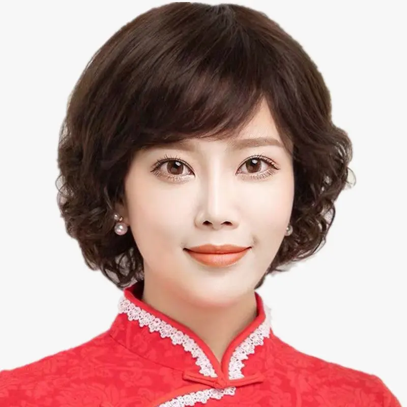 Wig Female Short Hair Curly Middle-Aged Elderly Round Face Realistic Fashion Full Headgear